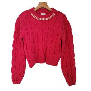 LOLA Sweater Chunky Knit Cropped Dark Pink Sz M Pearl Embellished Heavy